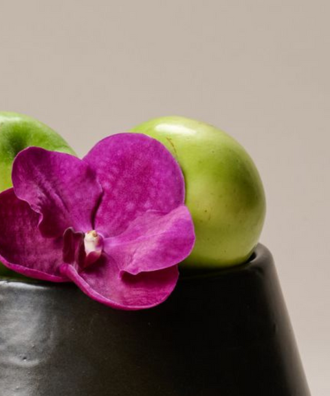 Frutero de Barro Negro con Manzanas y Orquídea – Unelefante + Priscila Alaniz
