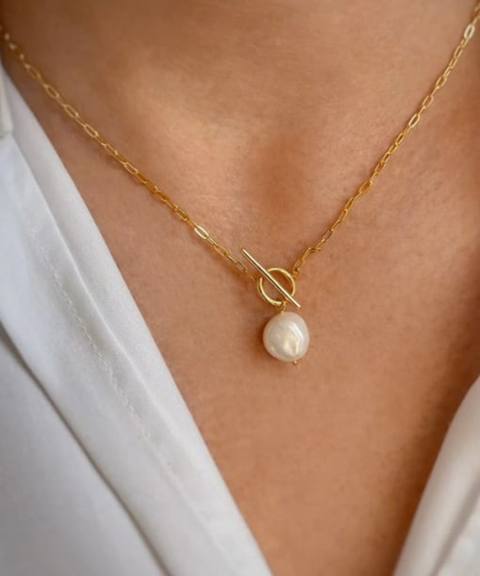 Collar Broche de Perla en Acero Inoxidable y Chapa Oro 18K