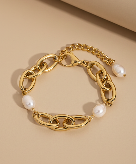 Pulsera Triada de Perlas en Acero Inoxidable y Chapa Oro 18K