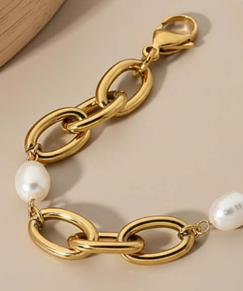 Pulsera Triada de Perlas en Acero Inoxidable y Chapa Oro 18K