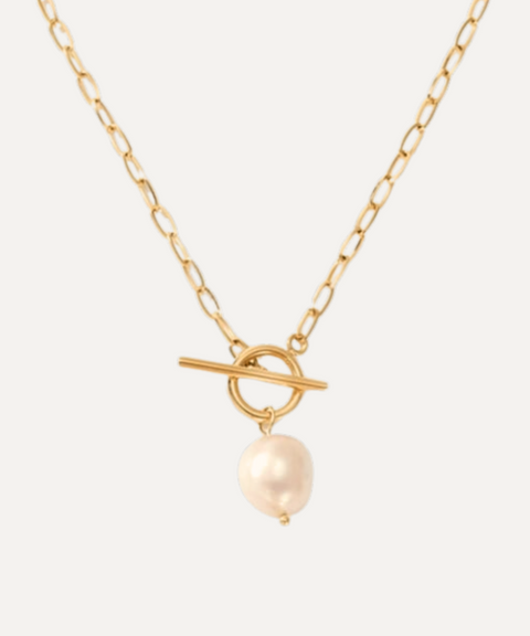 Collar Broche de Perla en Acero Inoxidable y Chapa Oro 18K